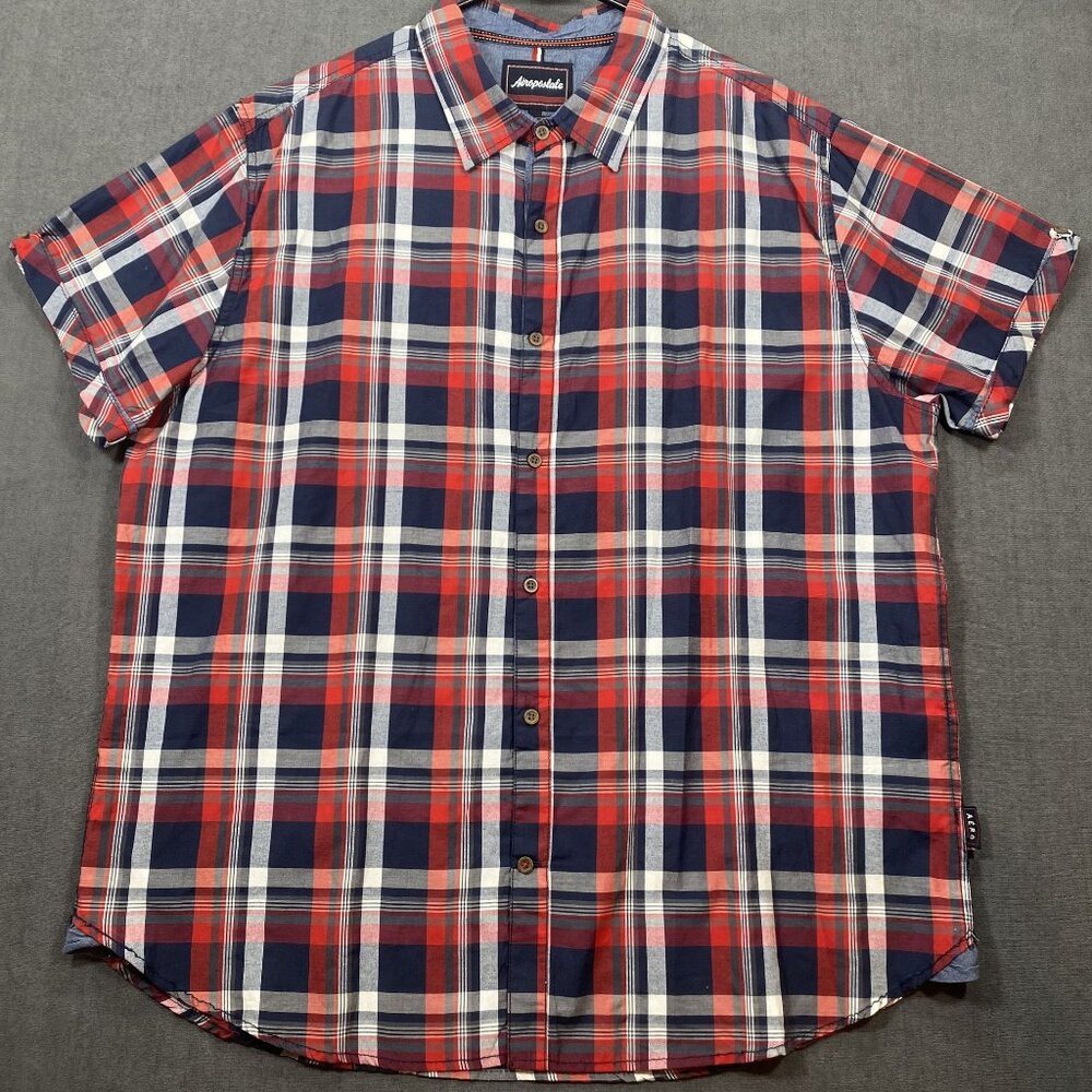 Aeropostale Mens Red & Navy Plaid Button-Up Short Sleeve Shirt XXL Cotton/Poly